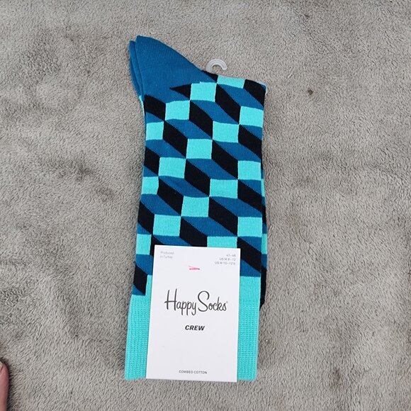 Happy Socks Socks Mens Size 8-12 Navy & Aqua Blue 3D Crew *NWT* - Picture 1 of 7